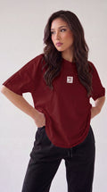 Kadın Bordo Free Life Bisiklet Yaka Oversize Salas T-Shirt