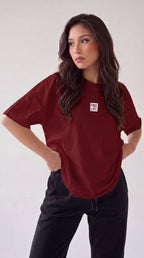 Kadın Bordo Free Life Bisiklet Yaka Oversize Salas T-Shirt