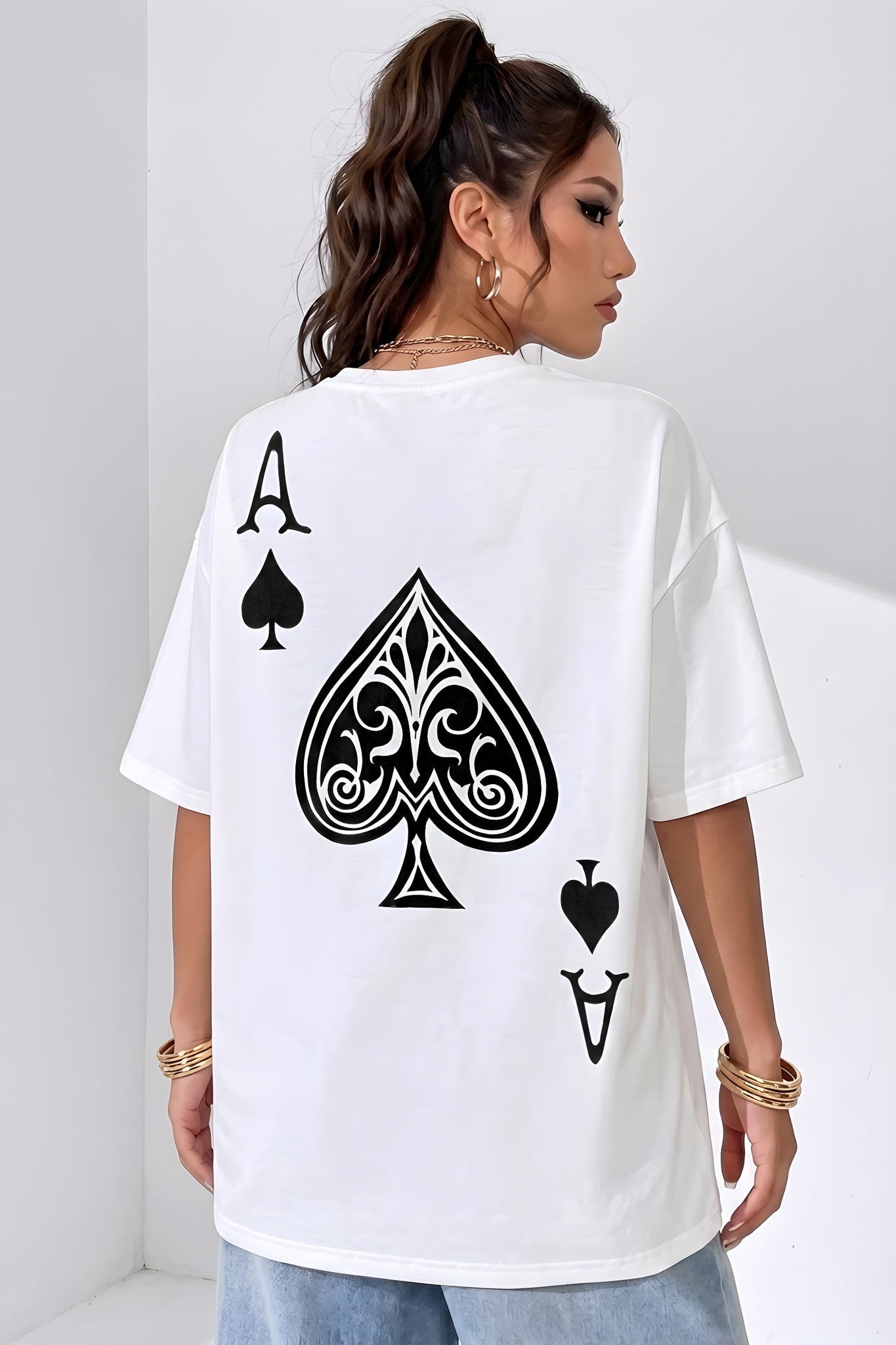 Kadın Maça As Baskılı Beyaz Oversize T-Shirt