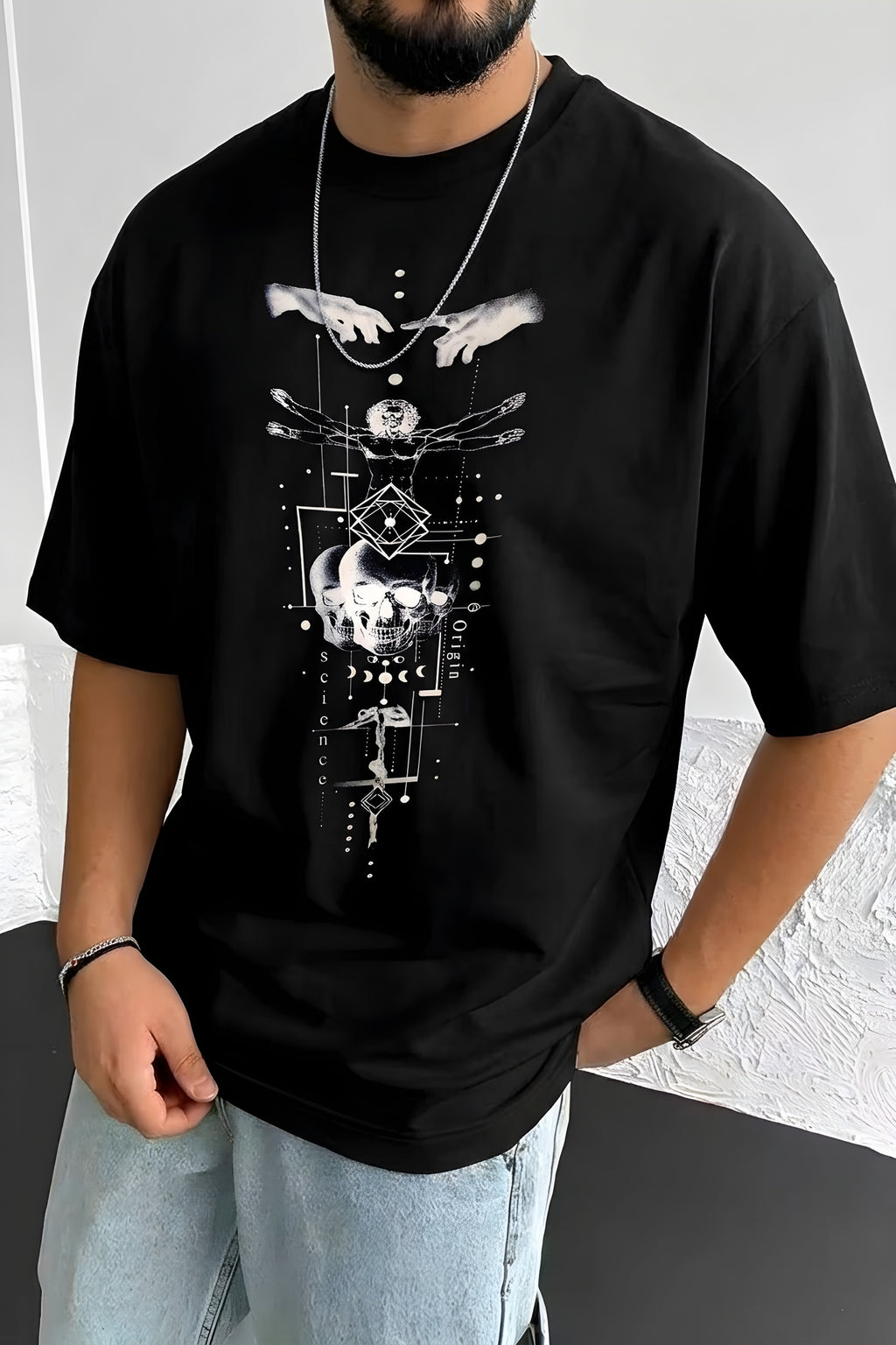 Erkek Siyah Da Vinci Sicience Oversize Fit Bol Geniş Kalıp Salaş Kesim T-shirt