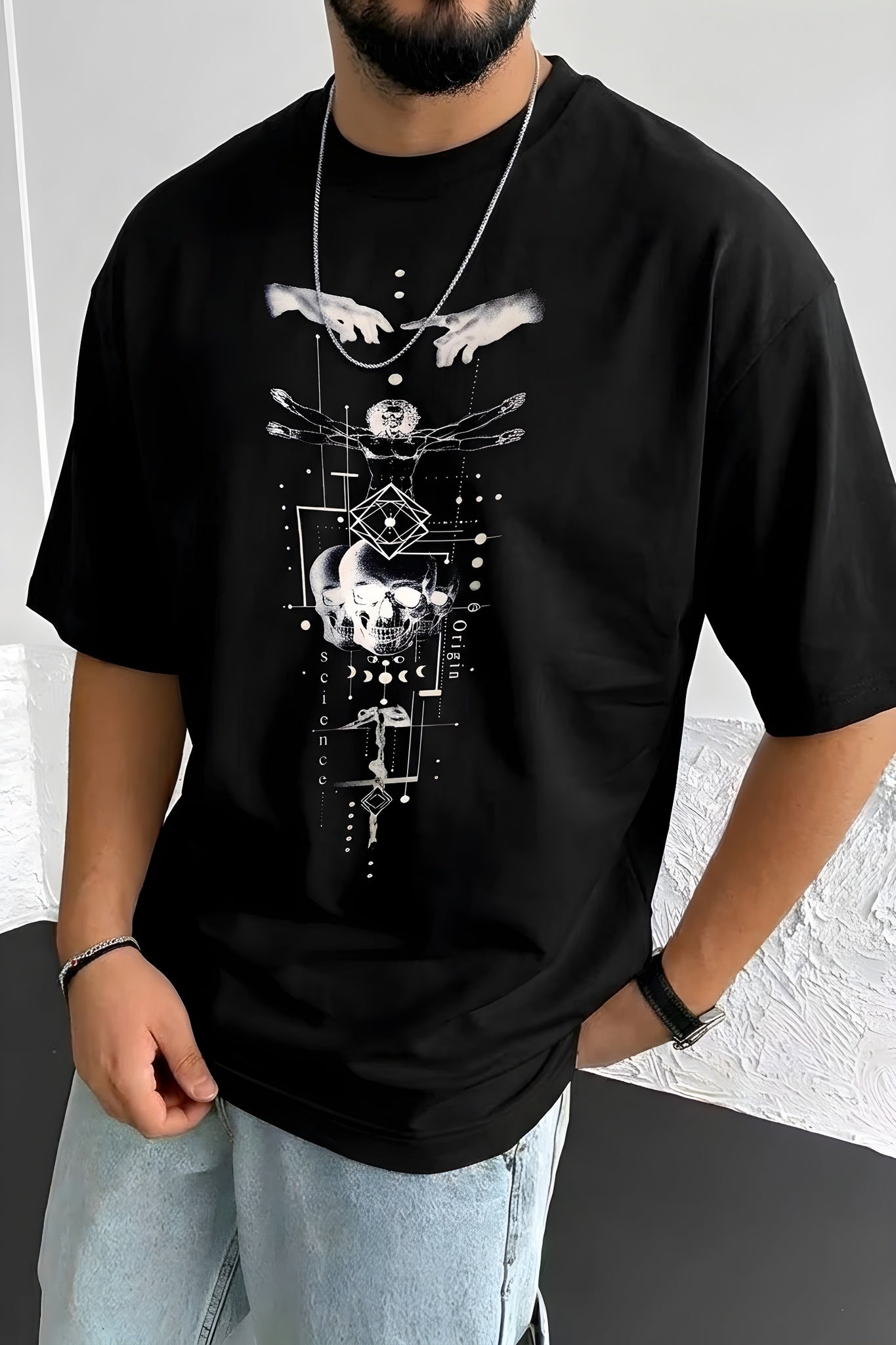 Erkek Siyah Da Vinci Sicience Oversize Fit Bol Geniş Kalıp Salaş Kesim T-shirt