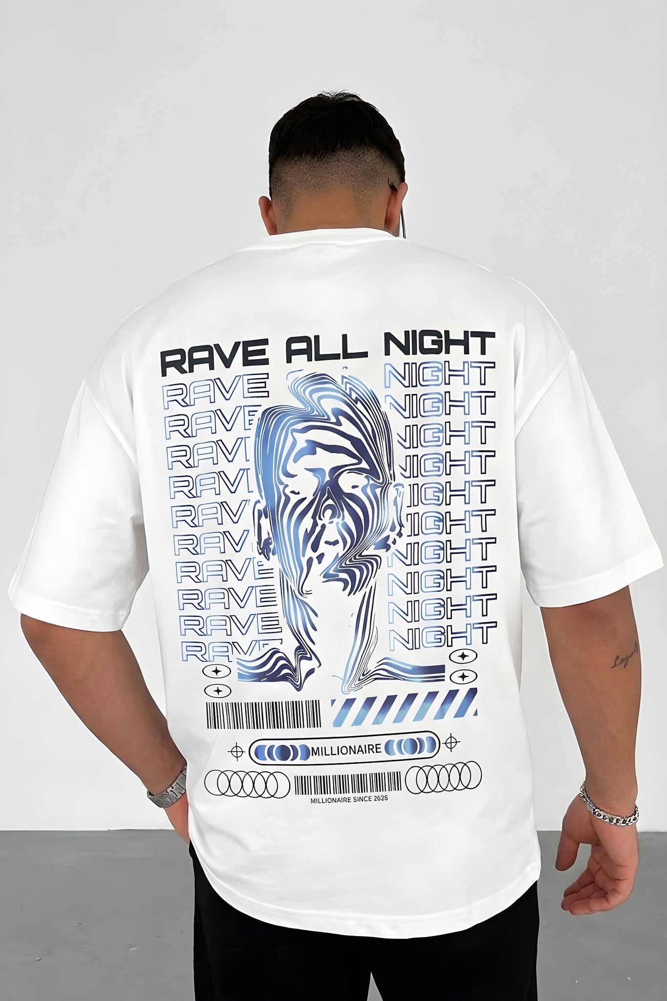 Erkek Ekru Beyaz Rave All Night Oversize Fit Bol Geniş Kalıp Salaş Kesim T-shirt