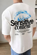 Erkek Ekru Beyaz Göz Baskılı Sensitive Oversize Fit Bol Geniş Kalıp Salaş Kesim T-shirt