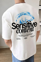 Erkek Ekru Beyaz Göz Baskılı Sensitive Oversize Fit Bol Geniş Kalıp Salaş Kesim T-shirt