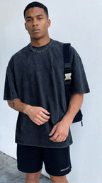Erkek Lacivert Oversize Asit Yıkamalı Eskitme Efektli Boyalı T-Shirt
