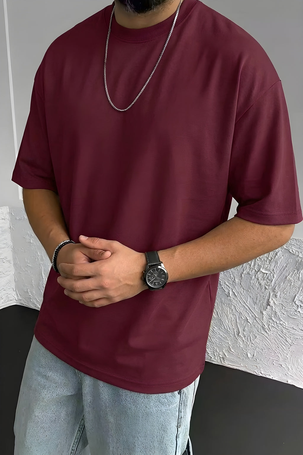 Erkek Bordo Basic Düz Baskısız Oversize Salas T-Shirt