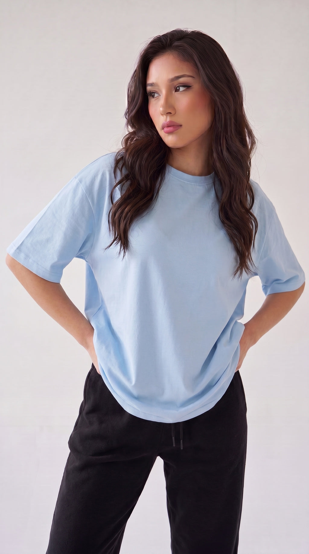 Kadın Açık Mavi Basic Düz Baskısız Oversize Salas T-shirt