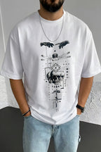 Erkek Ekru Beyaz Da Vinci Sicience Oversize Fit Bol Geniş Kalıp Salaş Kesim T-shirt