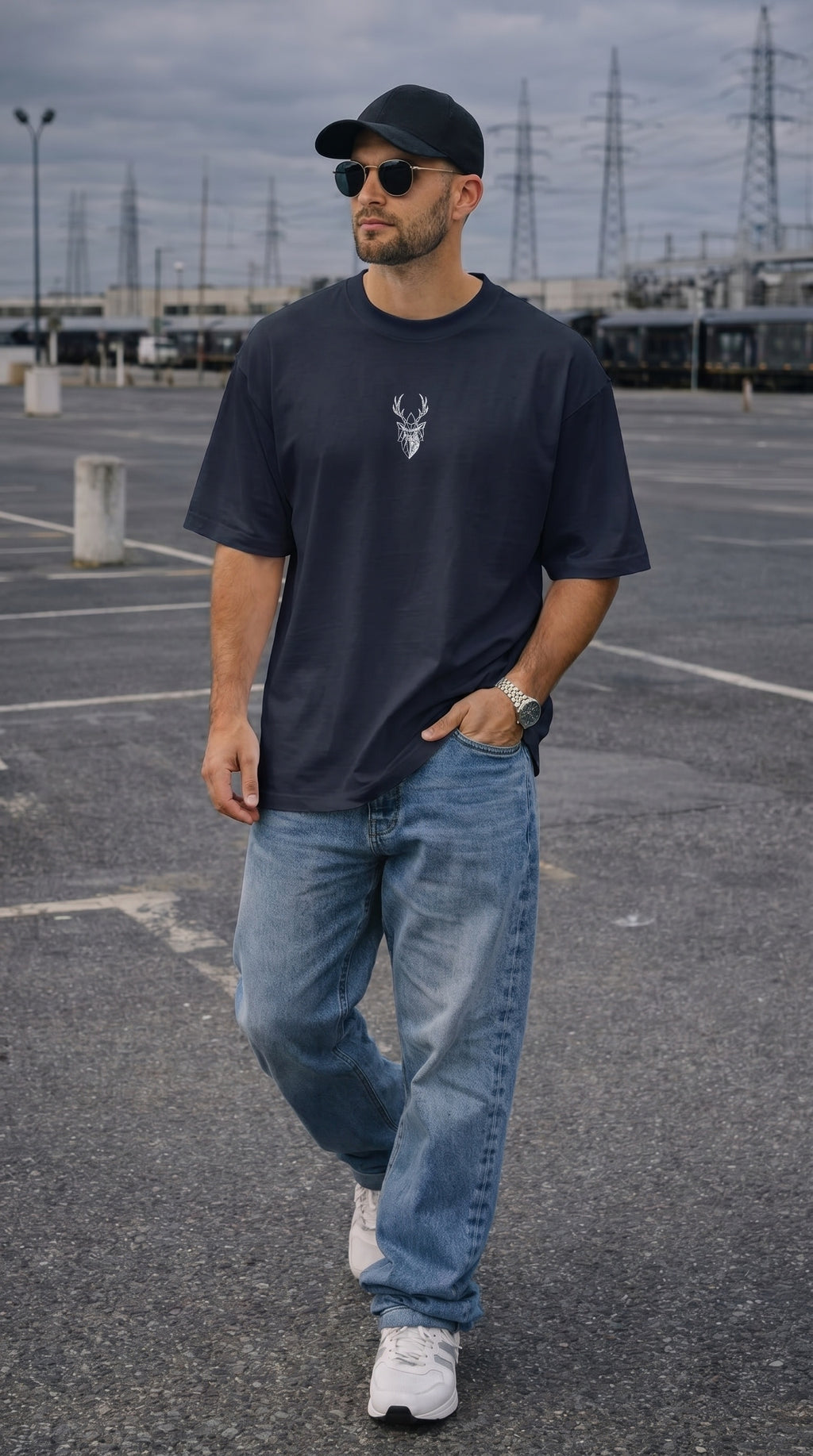 Erkek Lacivert Geyik Baskılı Oversize Fit Bol Geniş Kalıp Salaş Kesim T-shirt