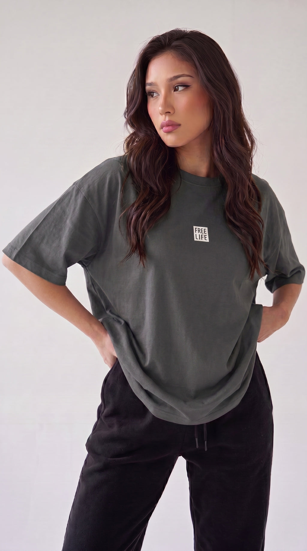 Kadın Free Life Füme Bisiklet Yaka Oversize Salas T-Shirt