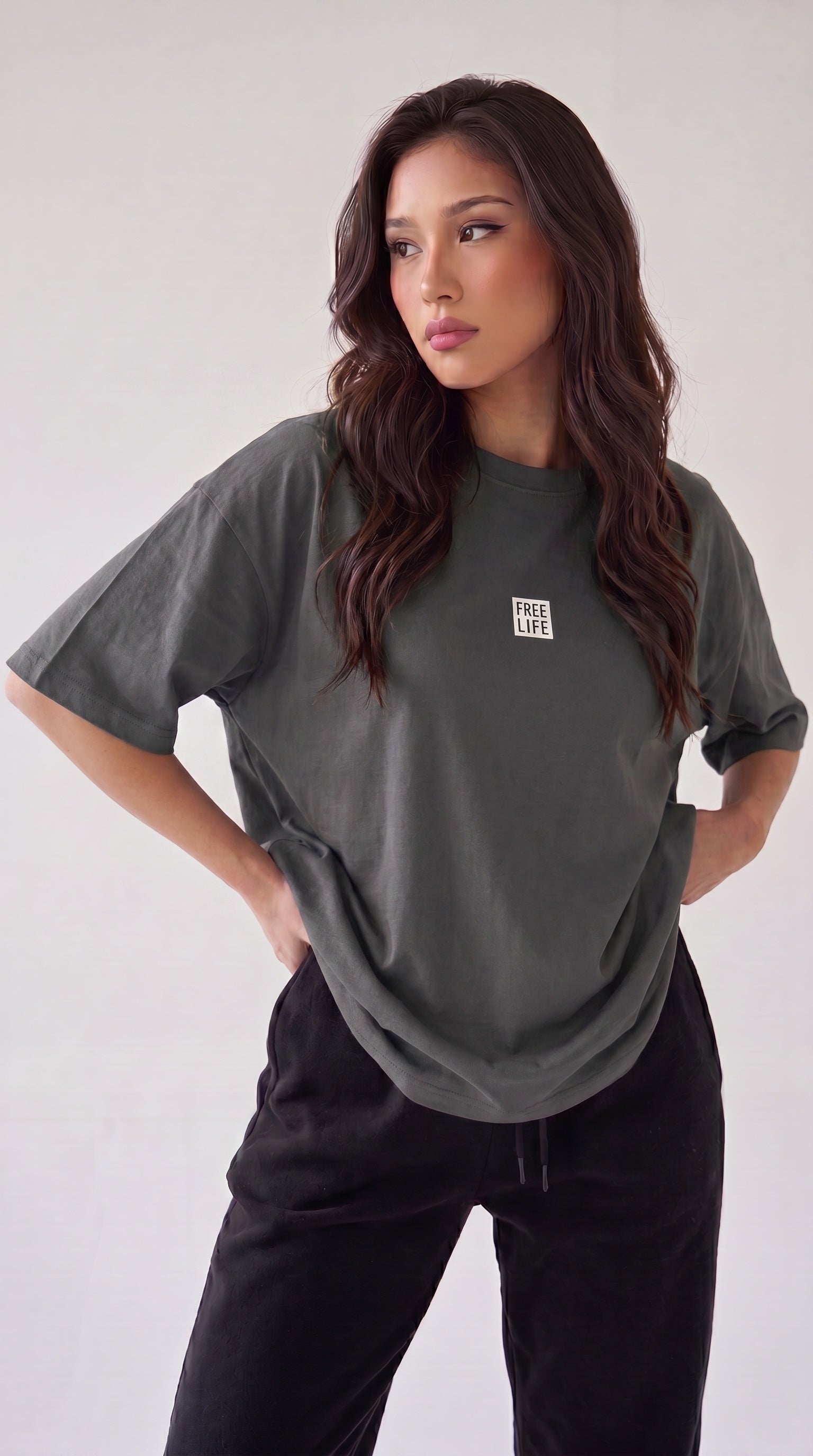 Kadın Free Life Füme Bisiklet Yaka Oversize Salas T-Shirt