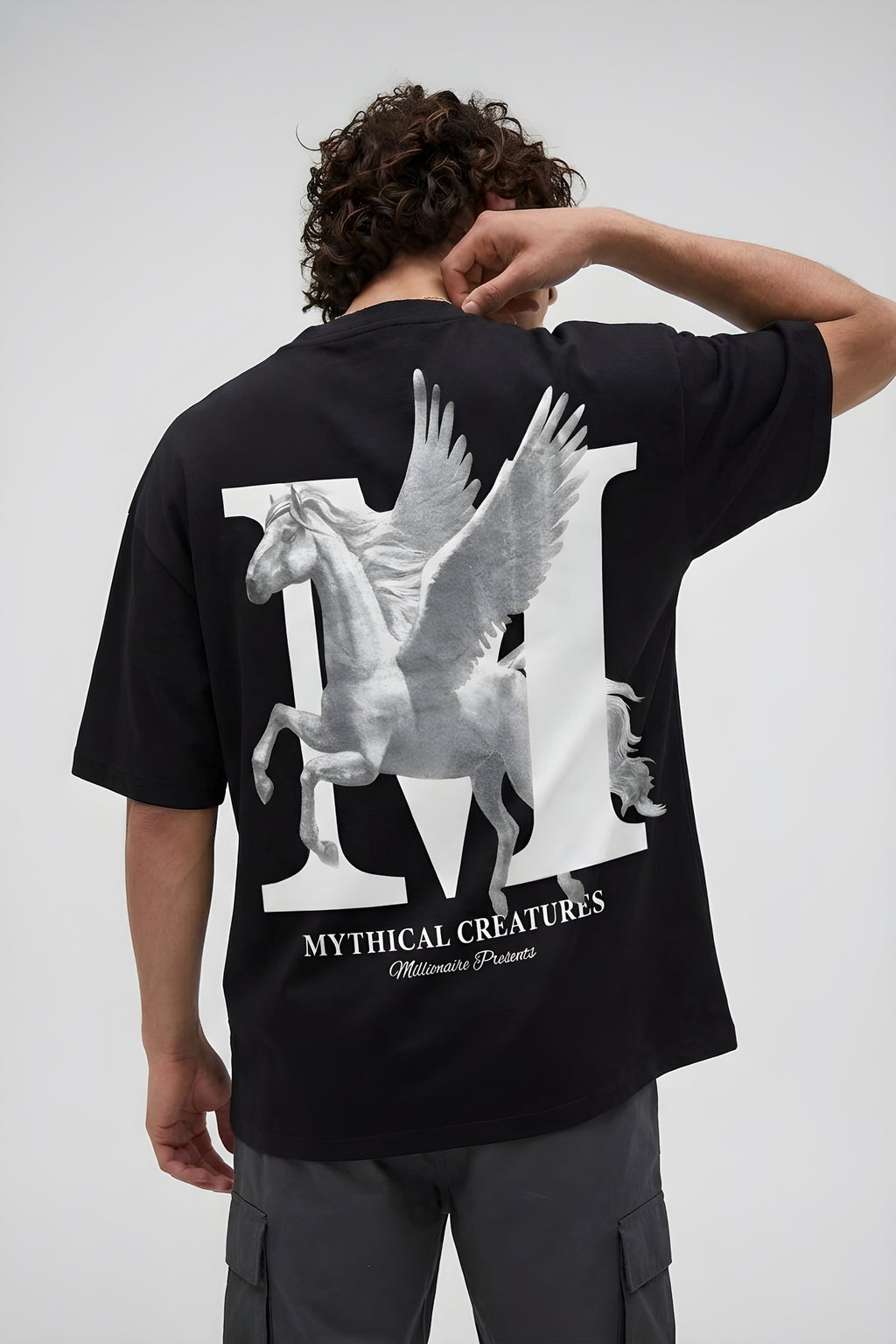 Erkek Mythical Pegasus Baskılı Siyah Bisiklet Yaka Oversize Salaş T-Shirt