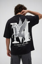 Erkek Mythical Pegasus Baskılı Siyah Bisiklet Yaka Oversize Salaş T-Shirt