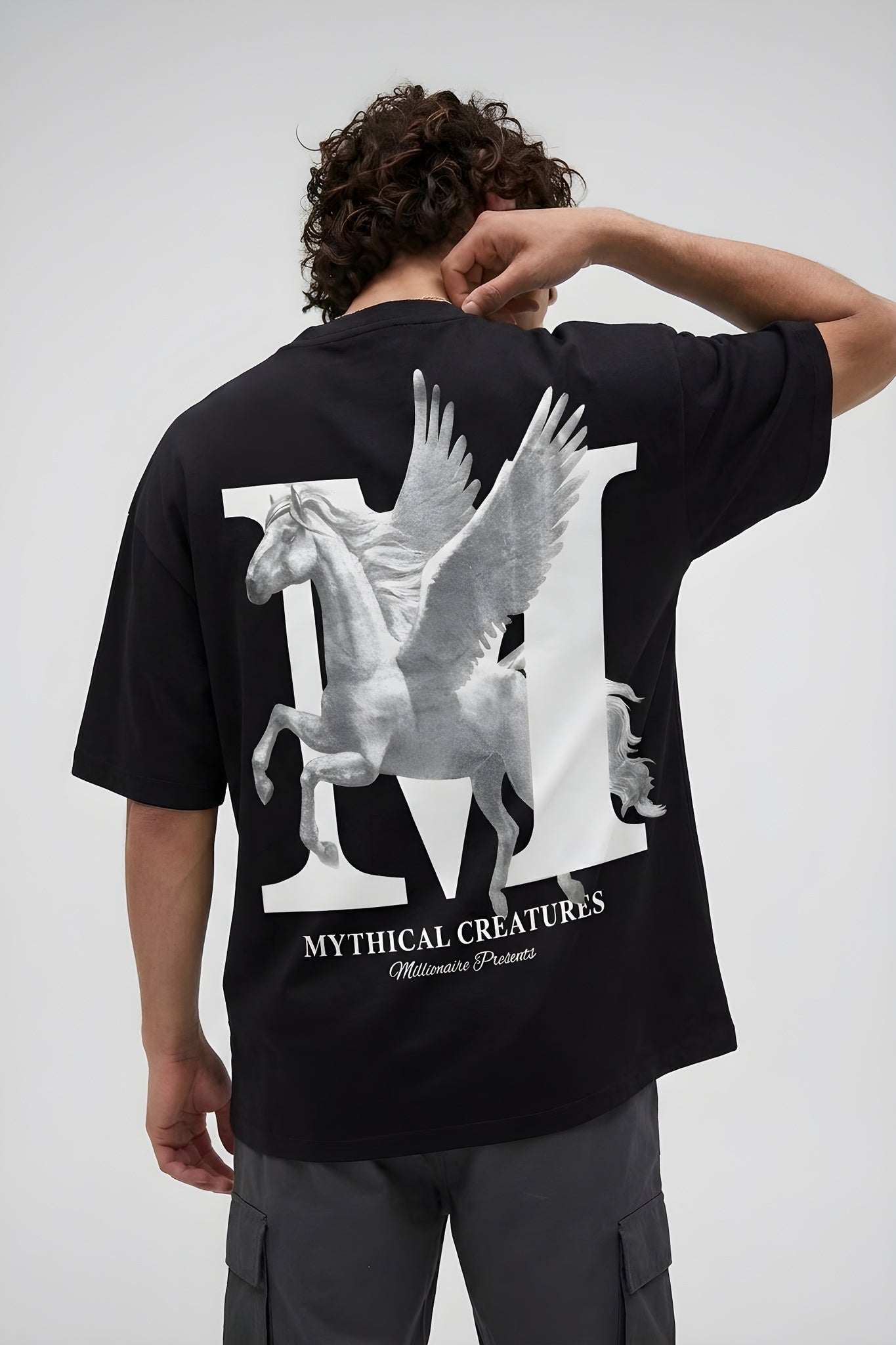 Erkek Mythical Pegasus Baskılı Siyah Bisiklet Yaka Oversize Salaş T-Shirt