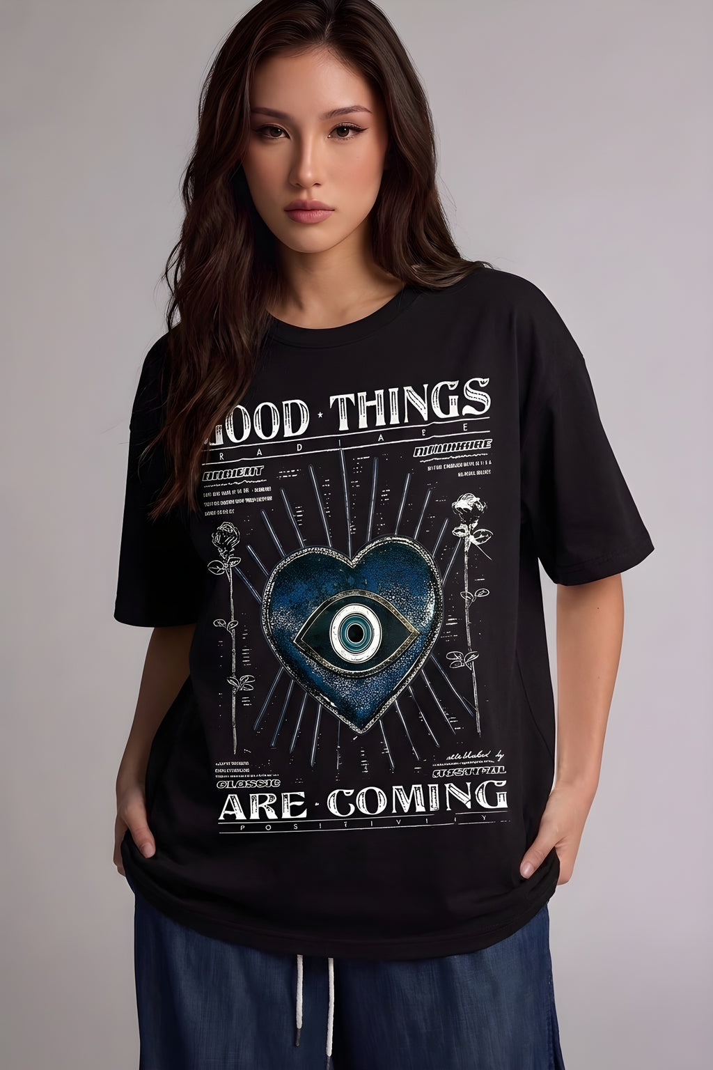 Kadın Siyah Nazar Baskılı Oversize Fit Bol Geniş Kalıp Salaş Kesim T-shirt