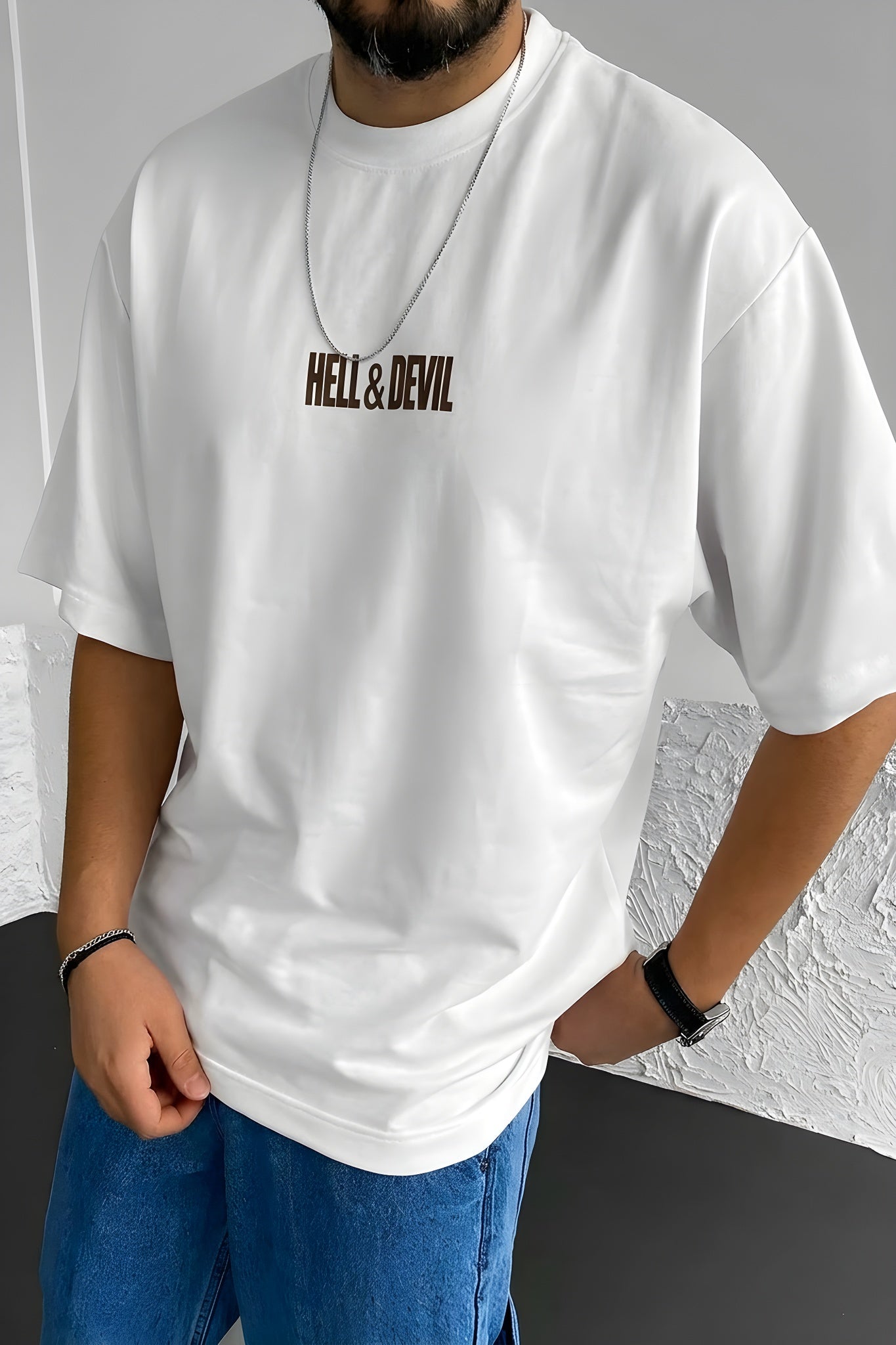 Erkek Hell & Devil Kabaran Baskı Ekru Bisiklet Yaka Oversize Salas T-Shirt