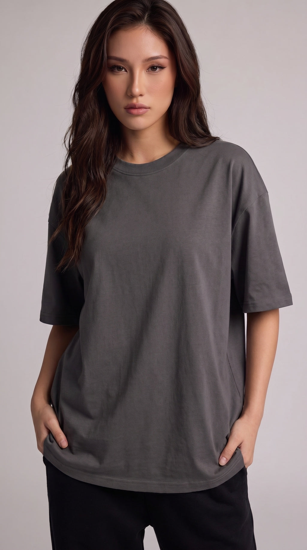 Kadın Antrasit Melanj Basic Düz Baskısız Oversize Salas T-shirt
