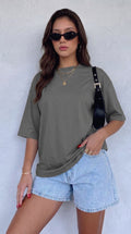 Kadın Gri Basic Düz Baskısız Oversize Salas T-shirt