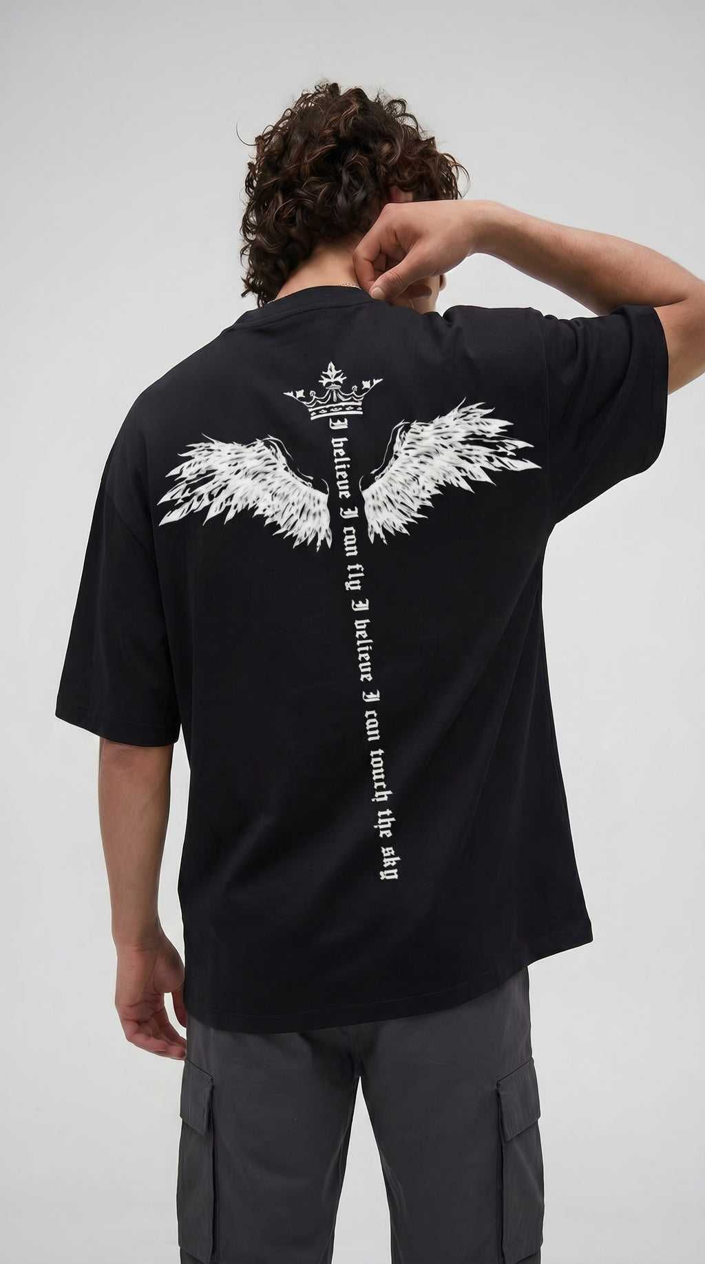 Erkek Siyah I Can Fly Oversize Fit Bol Geniş Kalıp Salaş Kesim T-shirt