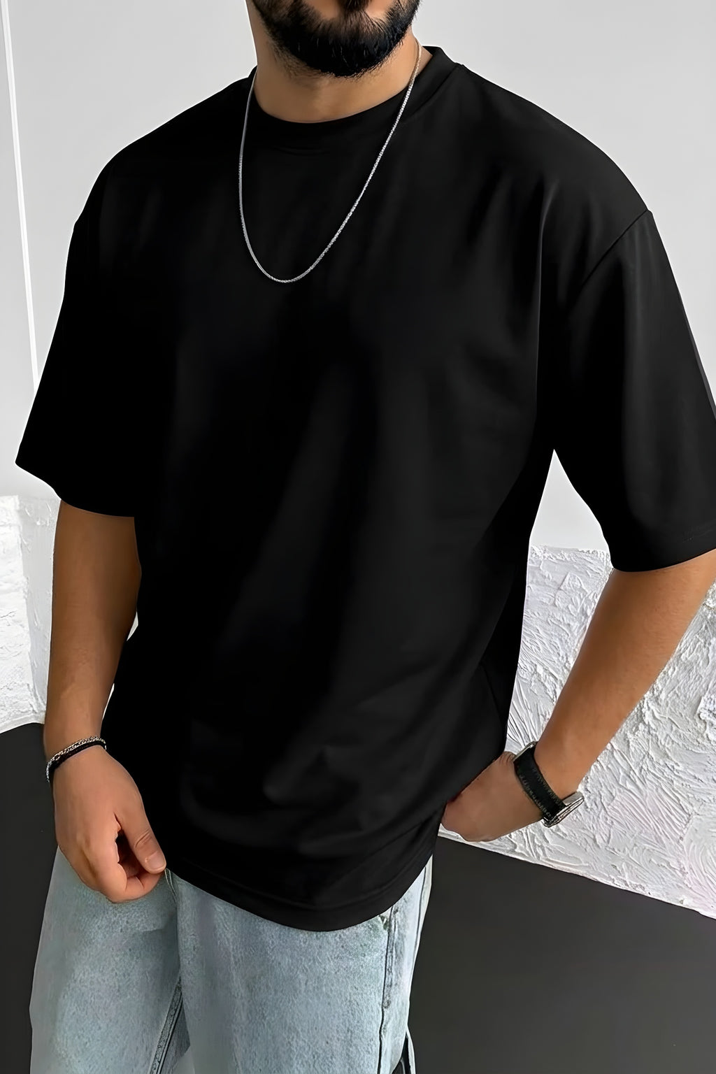 Erkek Siyah Basic Düz Baskısız Oversize Salas Boyfriend T-Shirt