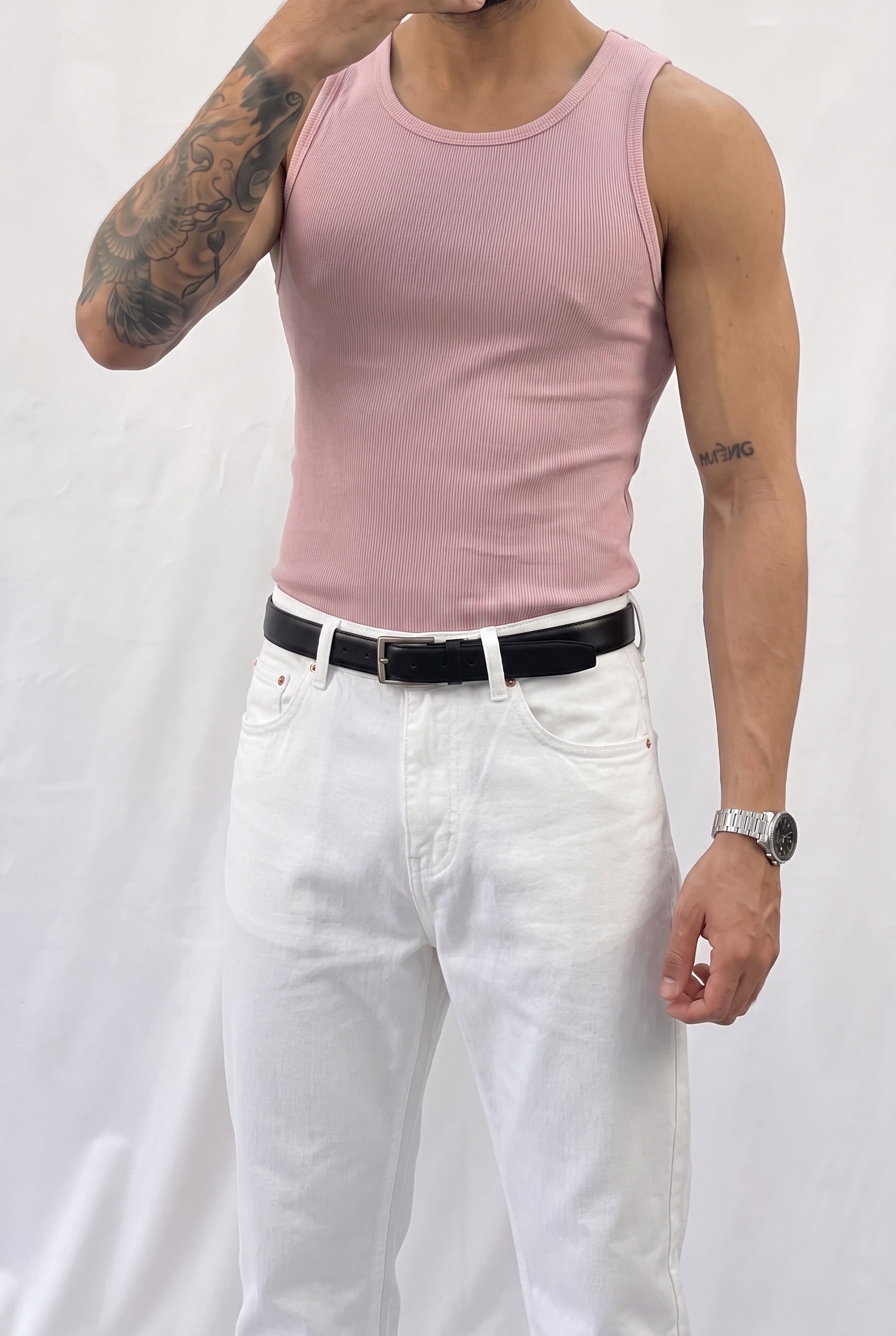 Erkek Pembe Renkli Halter Yaka Fitilli Likralı Atlet