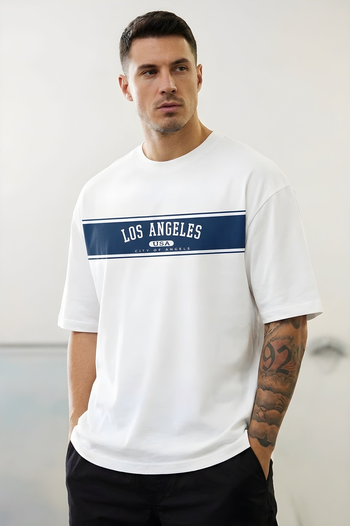Erkek Ekru Beyaz City Of Angels Oversize Fit Bol Geniş Kalıp Salaş Kesim T-shirt