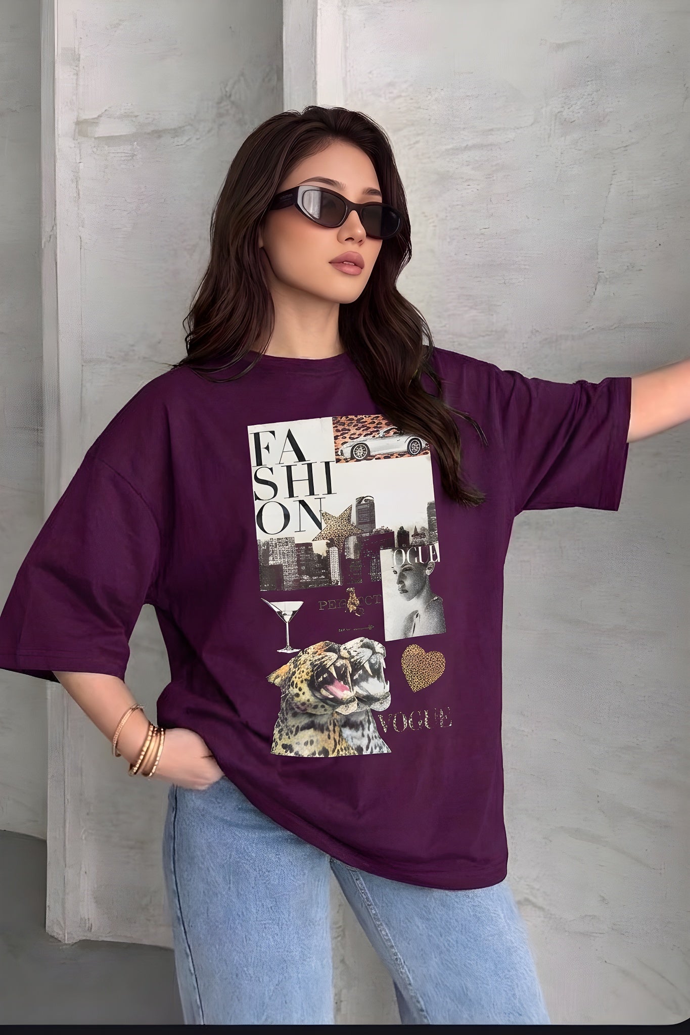 Kadın Mürdüm Fashion Oversize Fit Bol Geniş Kalıp Salaş Kesim T-shirt
