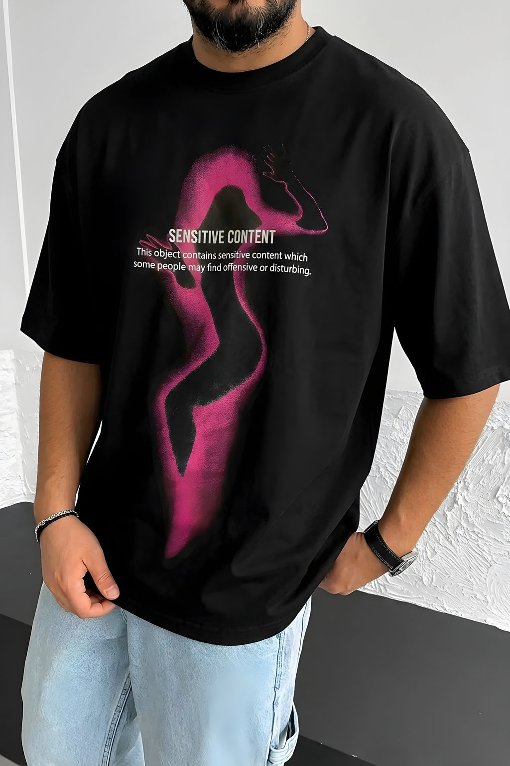 Erkek Siyah Siluet Sensitive Content Oversize Fit Bol Geniş Kalıp Salaş Kesim T-shirt