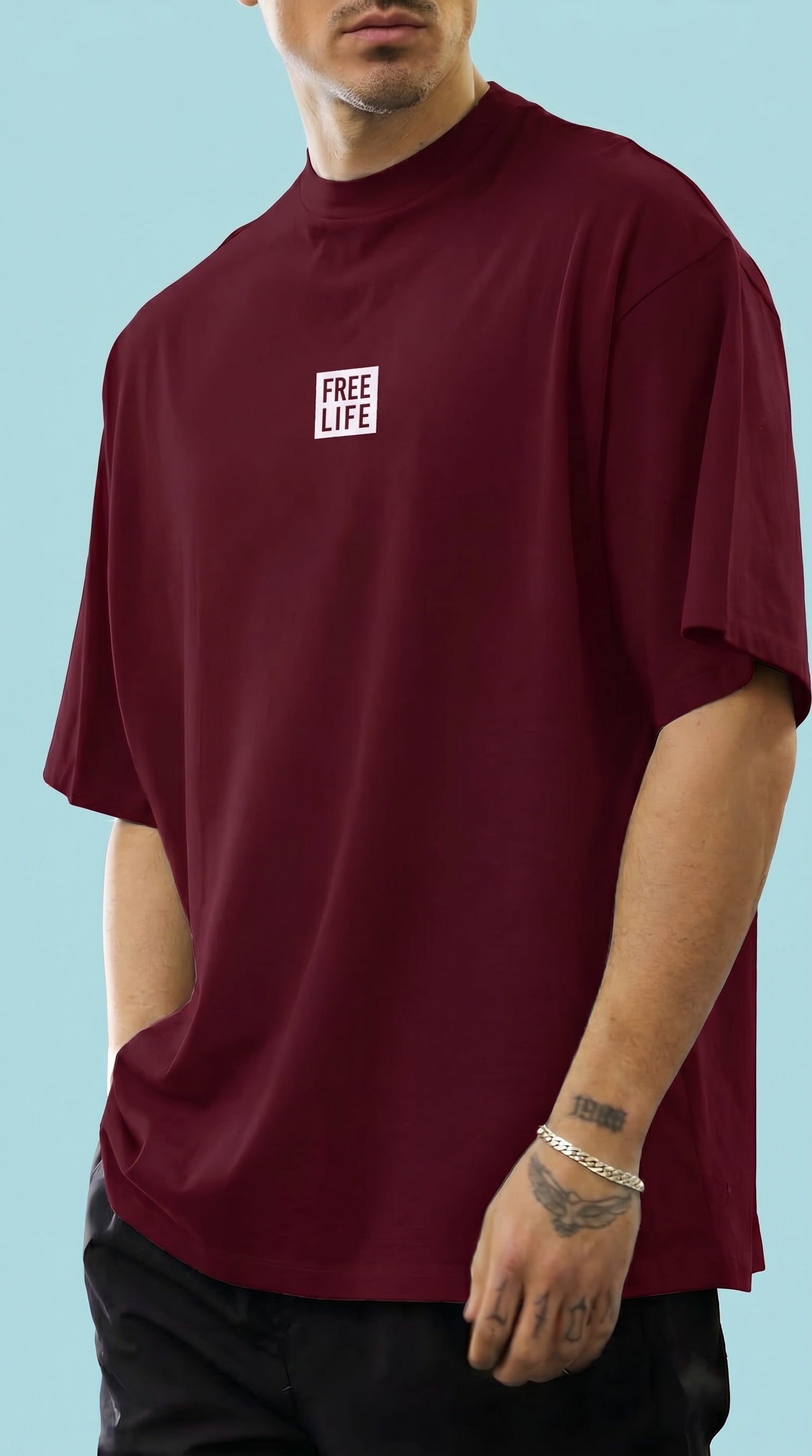 Erkek Bordo Free Life Bisiklet Yaka Oversize Salas T-Shirt