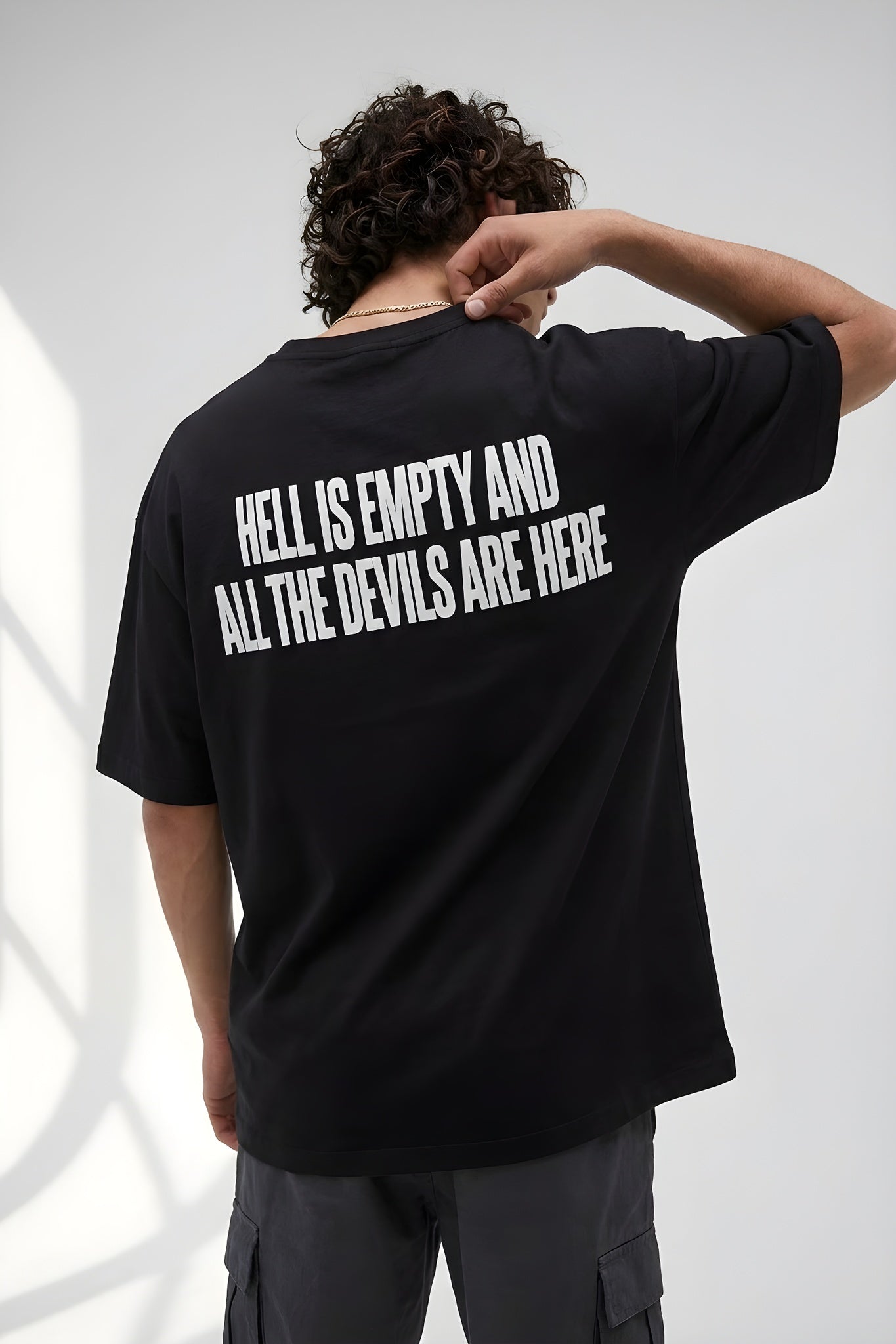 Erkek Hell & Devil Kabaran Baskı Siyah Bisiklet Yaka Oversize Salas T-Shirt