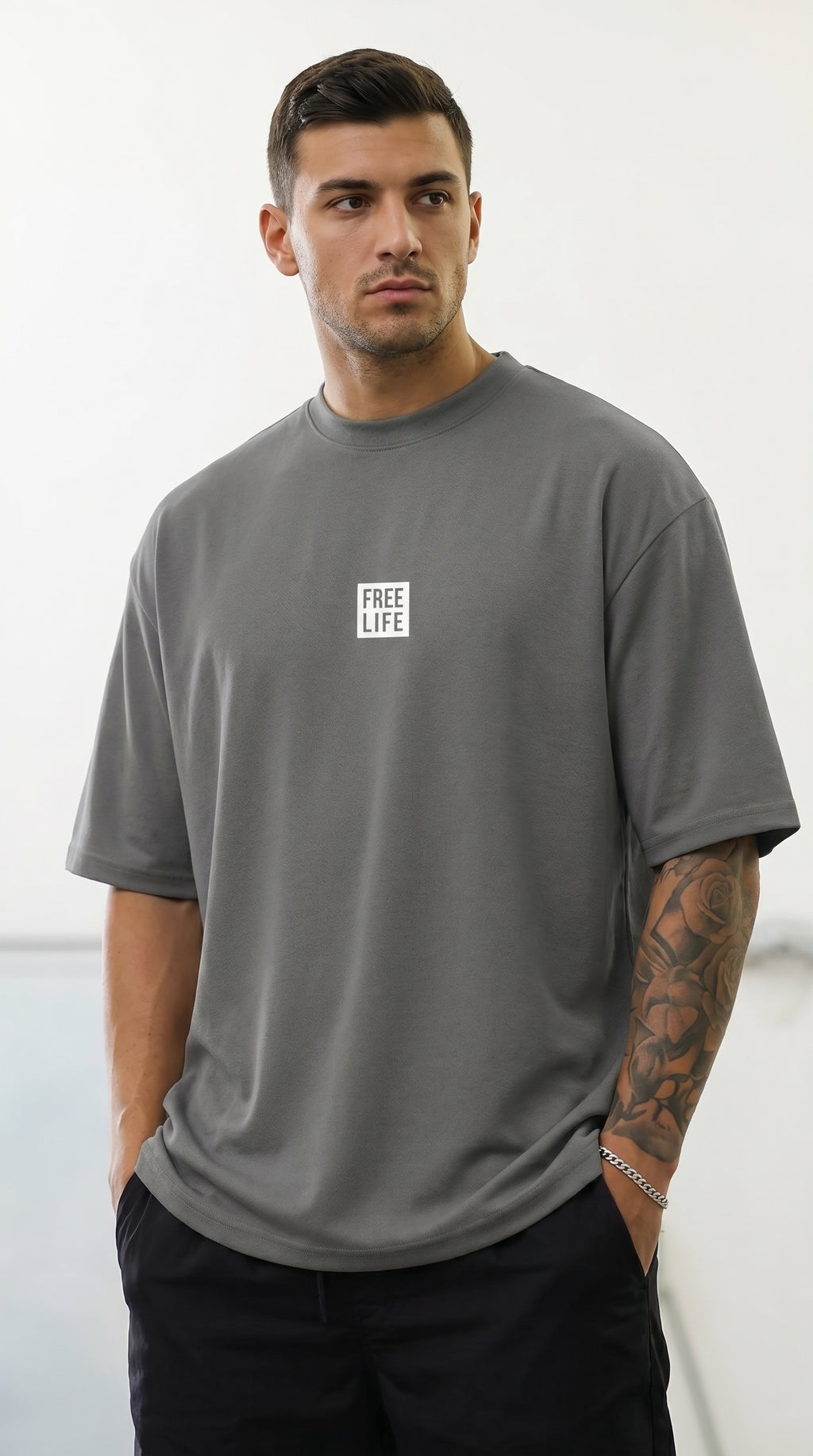 Erkek Gri Free Life Bisiklet Yaka Oversize Salas T-Shirt