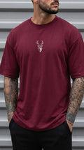 Erkek Bordo Geyik Baskılı Oversize Fit Bol Geniş Kalıp Salaş Kesim T-shirt