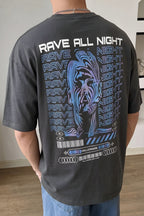 Erkek Füme Rave All Night Oversize Fit Bol Geniş Kalıp Salaş Kesim T-shirt