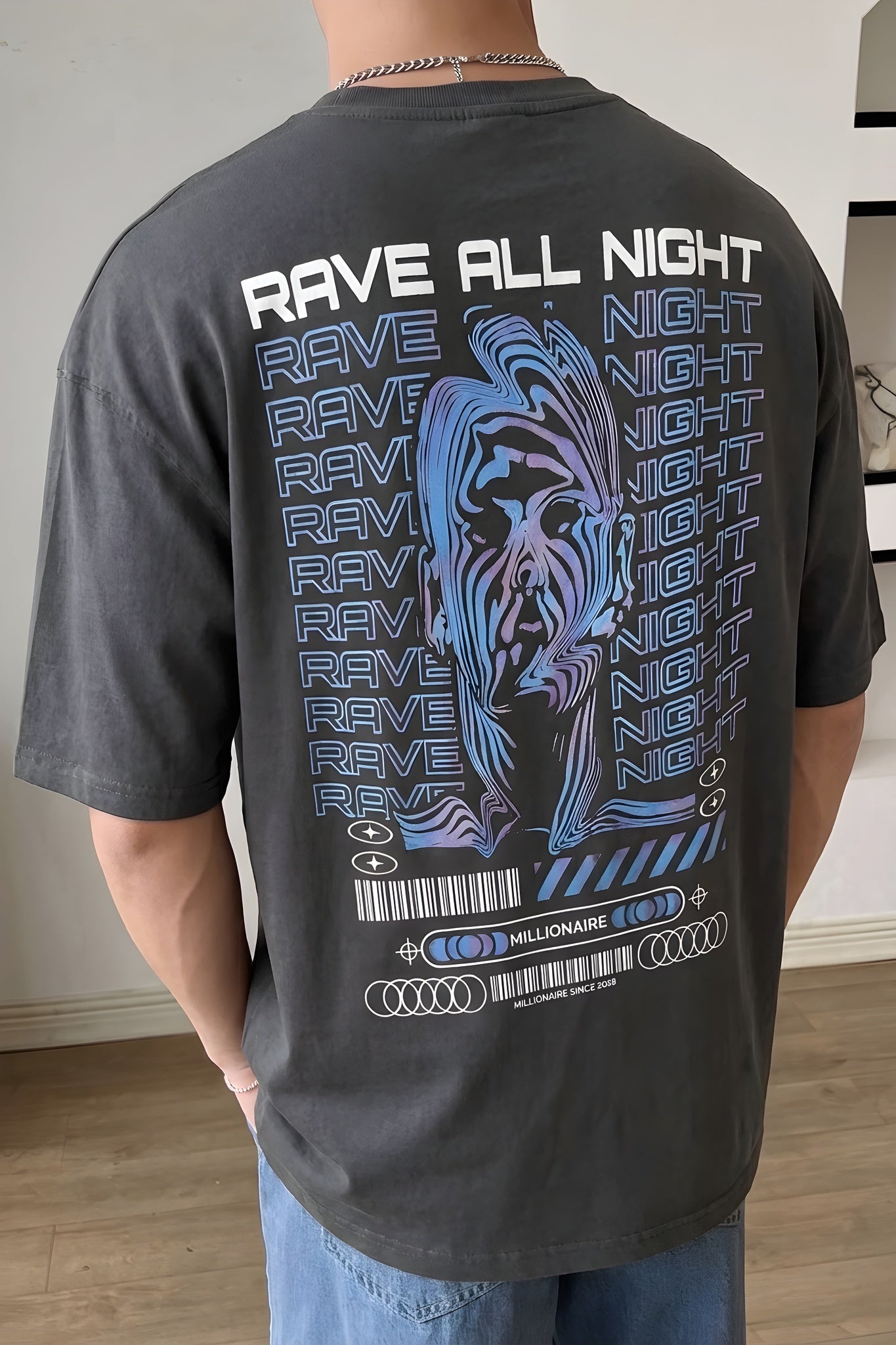 Erkek Füme Rave All Night Oversize Fit Bol Geniş Kalıp Salaş Kesim T-shirt