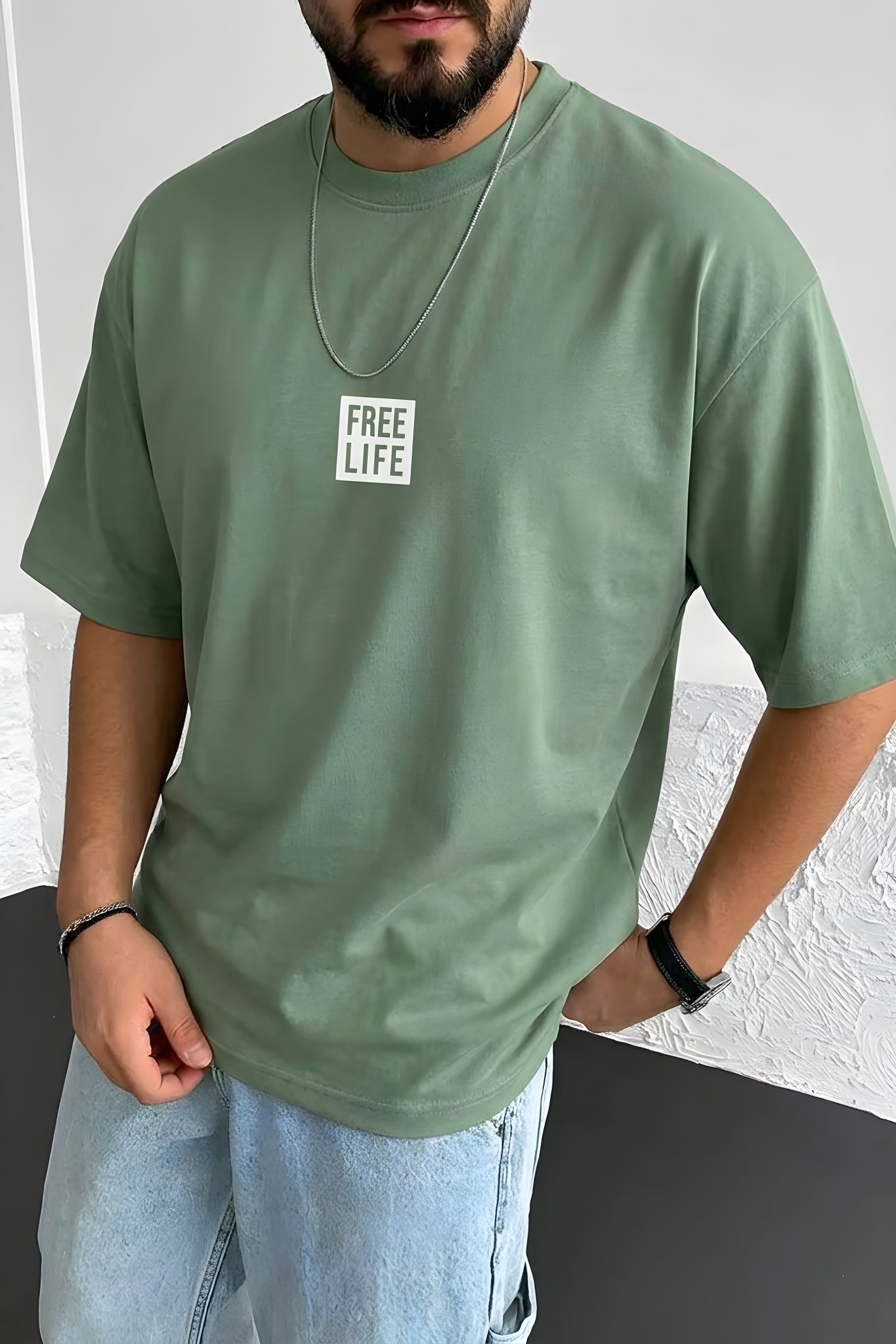 Erkek Free Life Açık Yeşil Bisiklet Yaka Oversize Salas T-Shirt