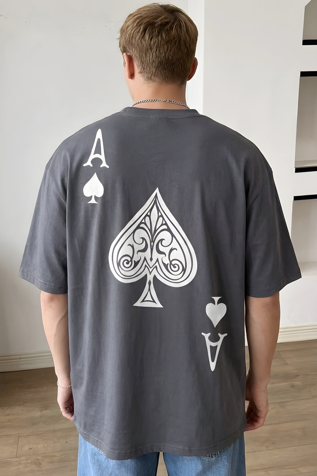 Erkek Maça As Baskılı Füme Oversize T-Shirt
