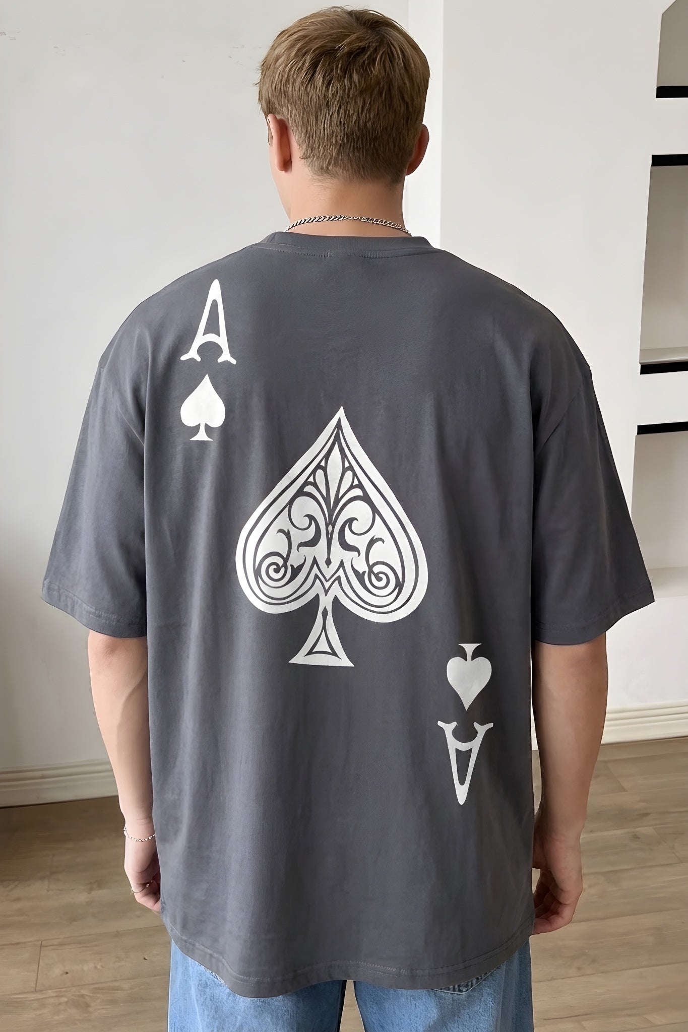 Erkek Maça As Baskılı Füme Oversize T-Shirt