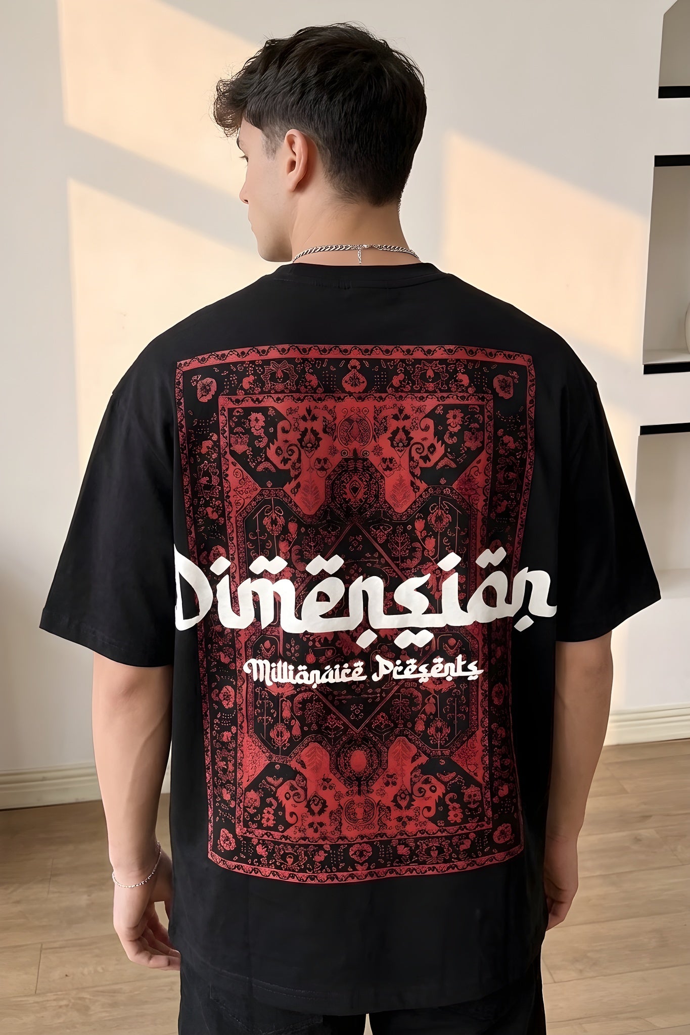 Erkek Dimension Kabaran Baskılı Siyah Bisiklet Yaka Oversize Salaş T-Shirt