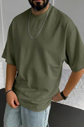 Erkek Haki Yeşili Bisiklet Yaka Düz Basic Baskısız Oversize Salas T-Shirt
