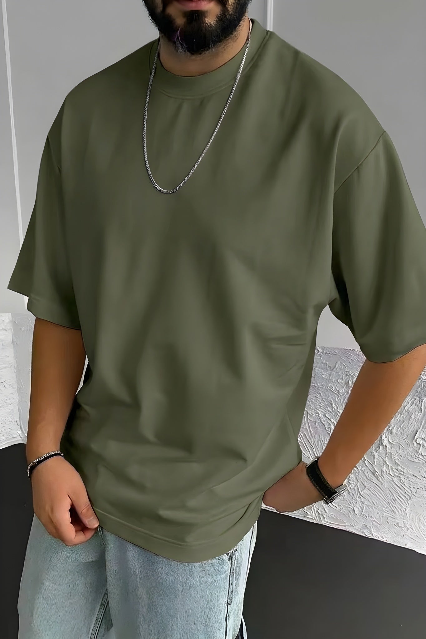 Erkek Haki Yeşili Bisiklet Yaka Düz Basic Baskısız Oversize Salas T-Shirt