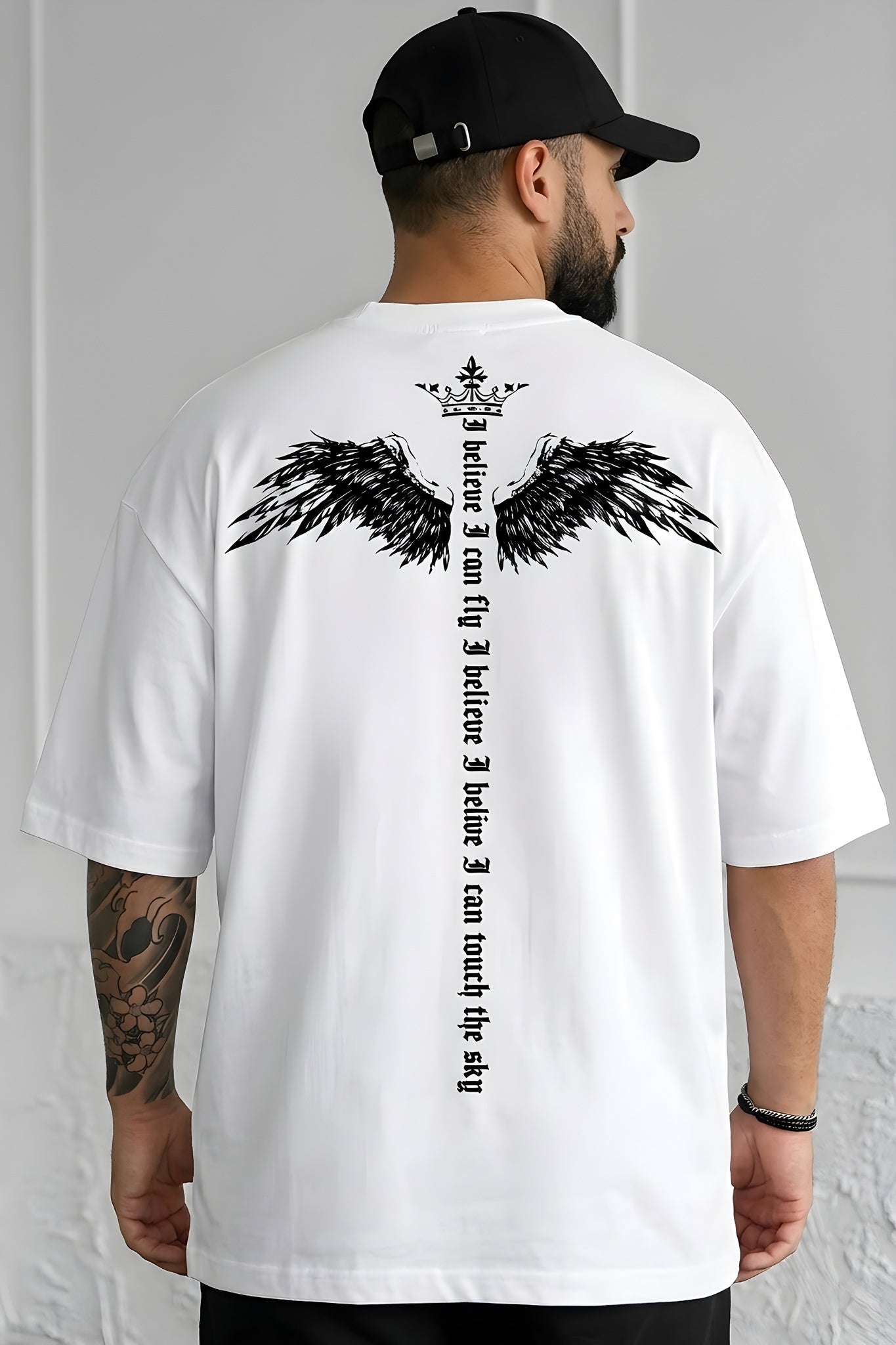 Erkek Ekru Beyaz I Can Fly Oversize Fit Bol Geniş Kalıp Salaş Kesim T-shirt
