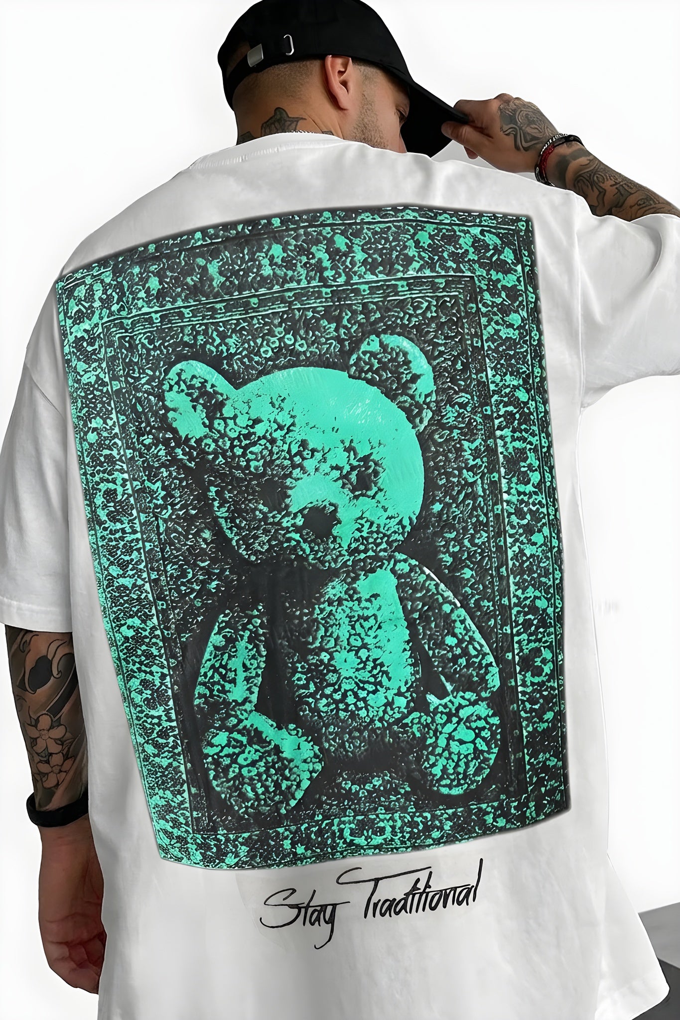 Erkek Ekru Beyaz Traditional Ayıcık Teddy Bear Oversize Fit Bol Geniş Kalıp Salaş Kesim T-shirt
