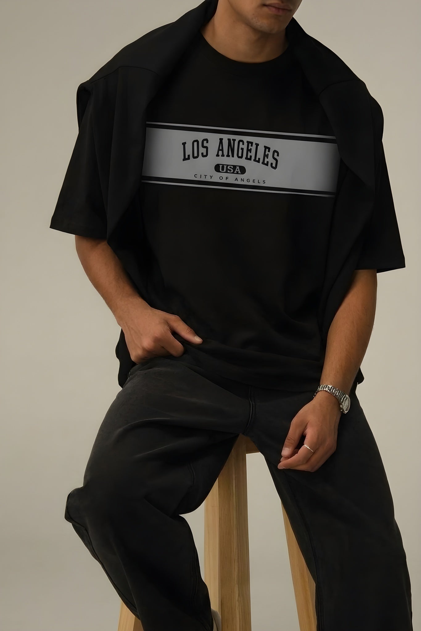 Erkek Siyah City Of Angels Oversize Fit Bol Geniş Kalıp Salaş Kesim T-shirt