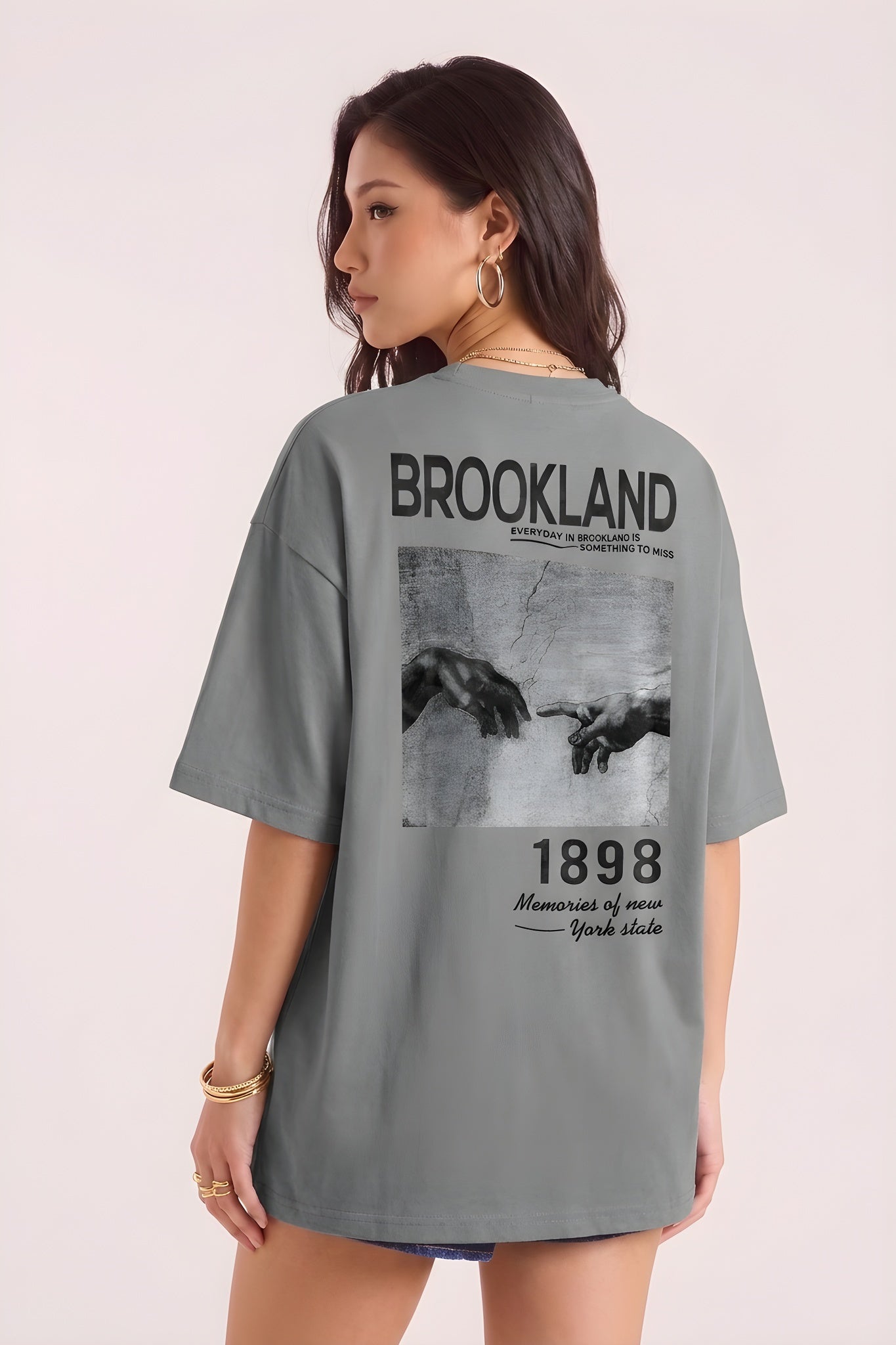 1898 Baskılı Gri Oversize Salas Boyfriend Kadın T-Shirt
