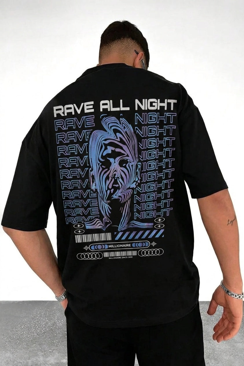 Erkek Siyah Rave All Night Oversize Fit Bol Geniş Kalıp Salaş Kesim T-shirt