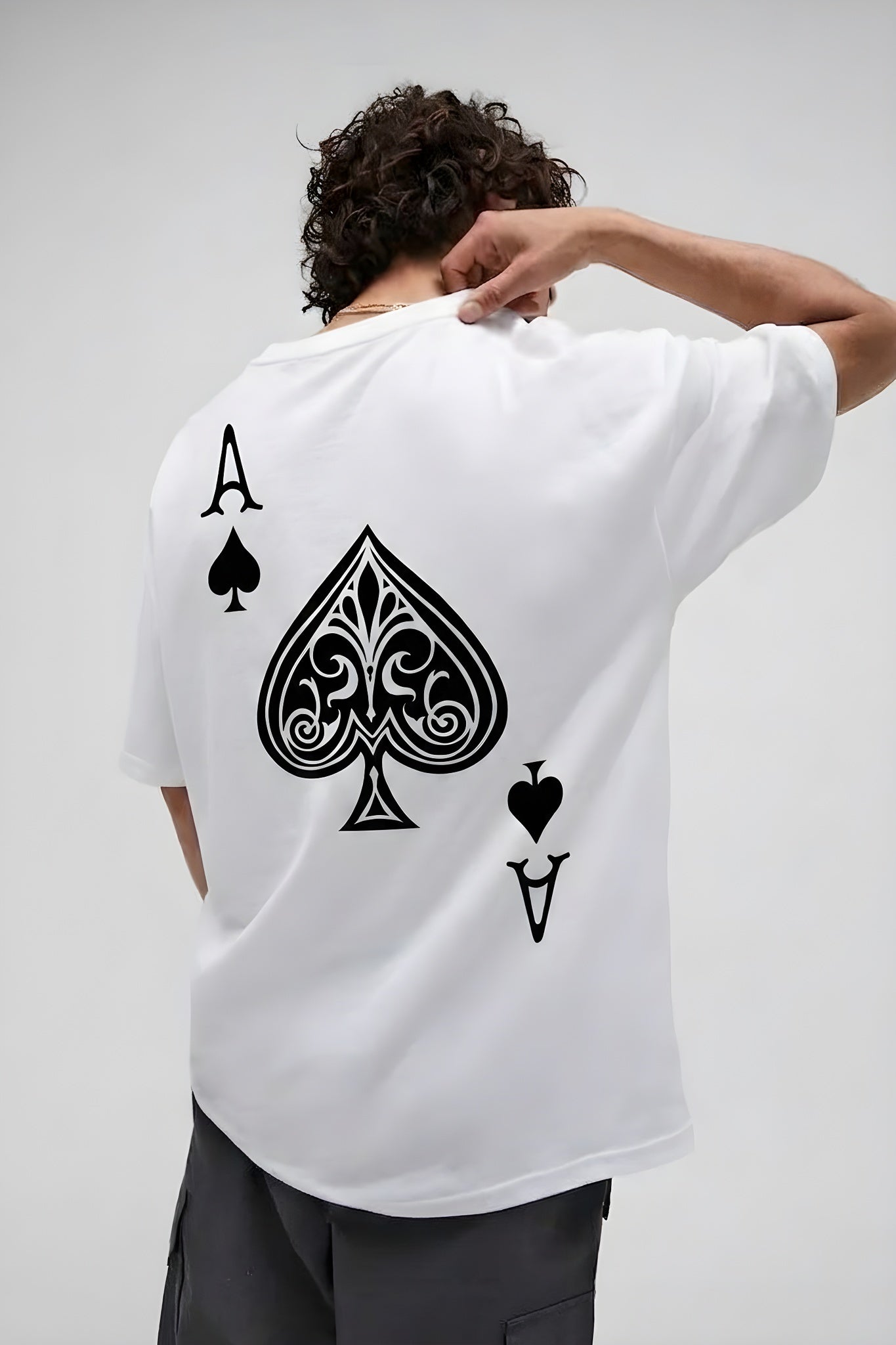 Erkek Maça As Baskılı Beyaz Oversize T-Shirt