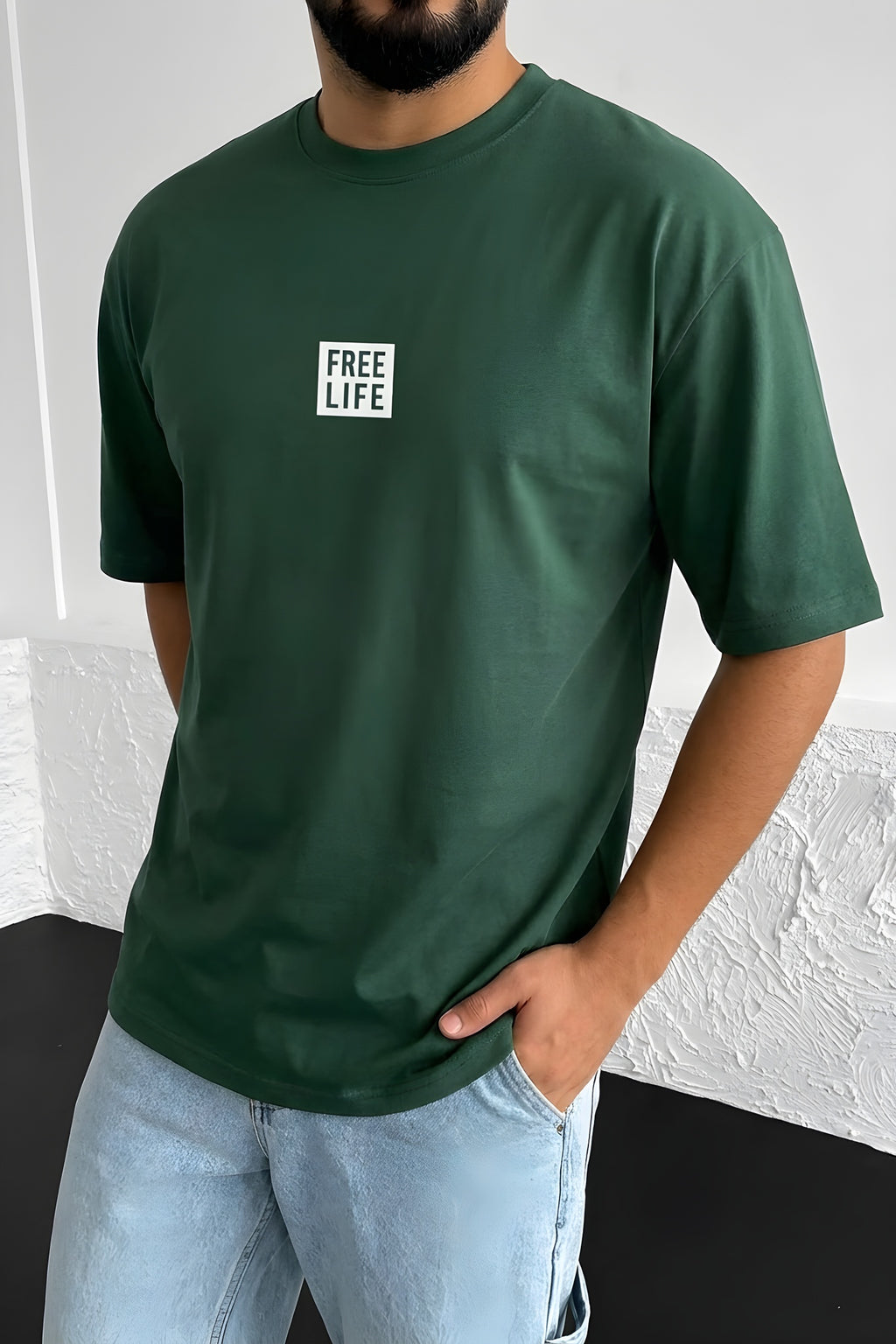 Erkek Free Life Nefti Bisiklet Yaka Oversize Salas T-Shirt