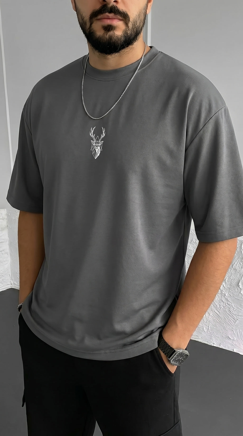 Erkek Füme Geyik Baskılı Oversize Fit Bol Geniş Kalıp Salaş Kesim T-shirt