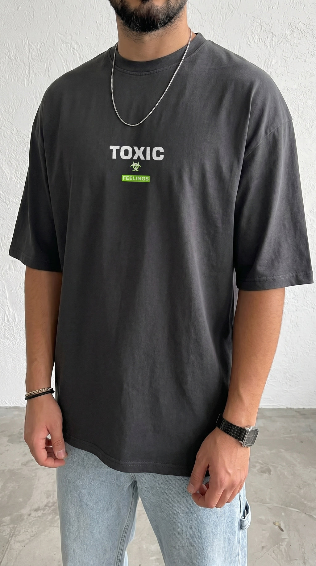 Erkek Füme Toxic Oversize Fit Bol Geniş Kalıp Salaş Kesim T-shirt
