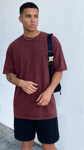 Erkek Bordo Regular Asit Yıkamalı Eskitme Efektli Boyalı T-Shirt